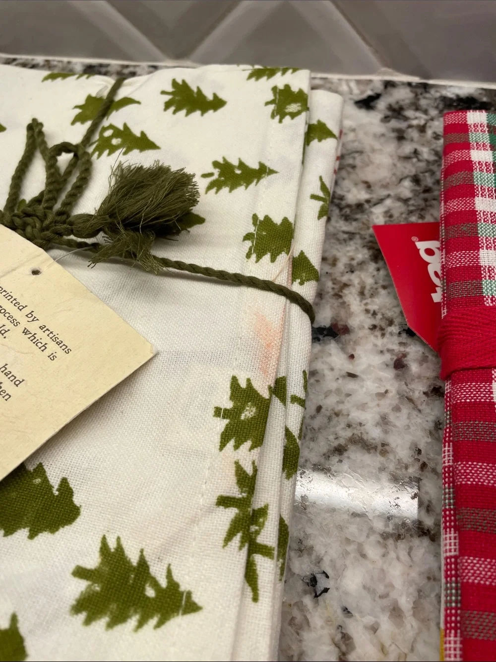 Tag Holiday Kitchen Towels - White with Green & Red Tree Prints new x2